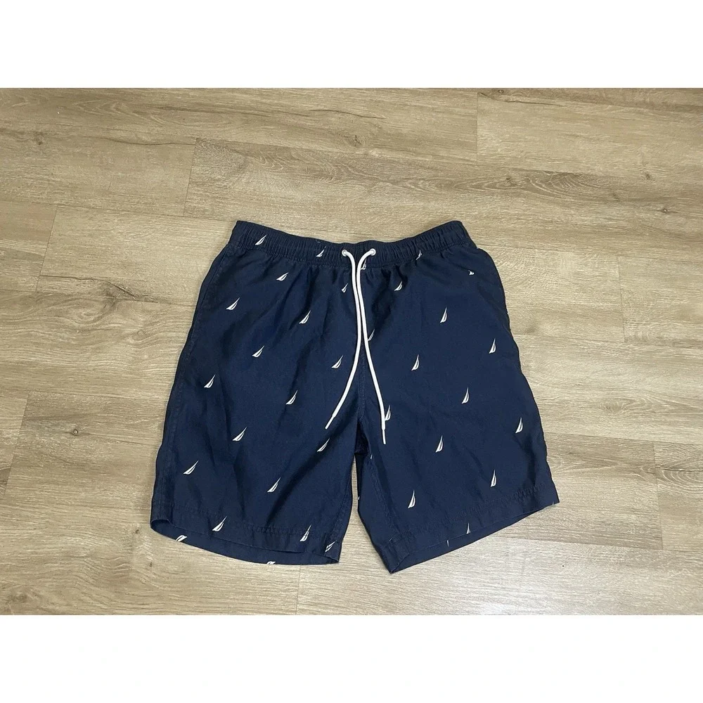 Nautica Mens Sz M Navy Blue Swim Trunks Mesh Lined Logo Board Shorts - Picture 1 of 5